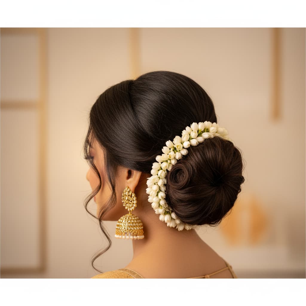 Woman with an elegant floral bun hairstyle for a festival